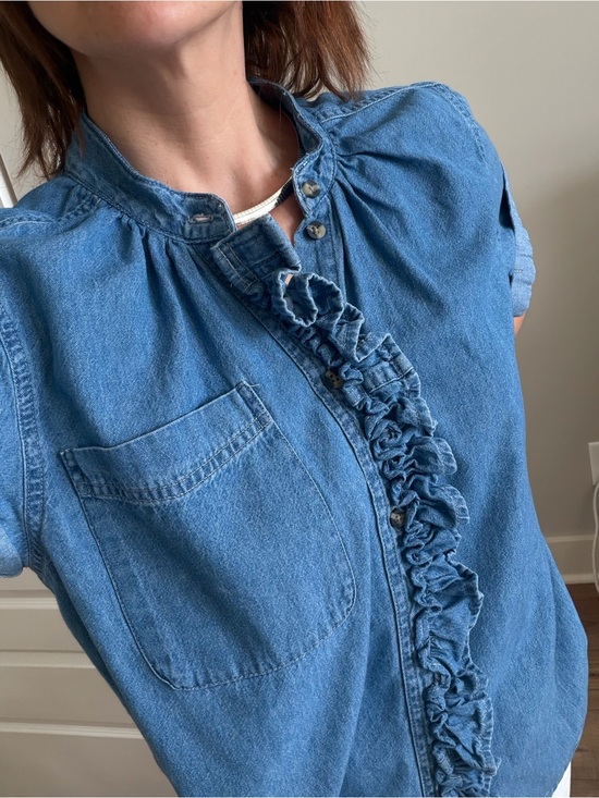 KMJ Tops - KMJ "CORI" Denim vertical Ruffle Button-Down Shirt - Light Blue